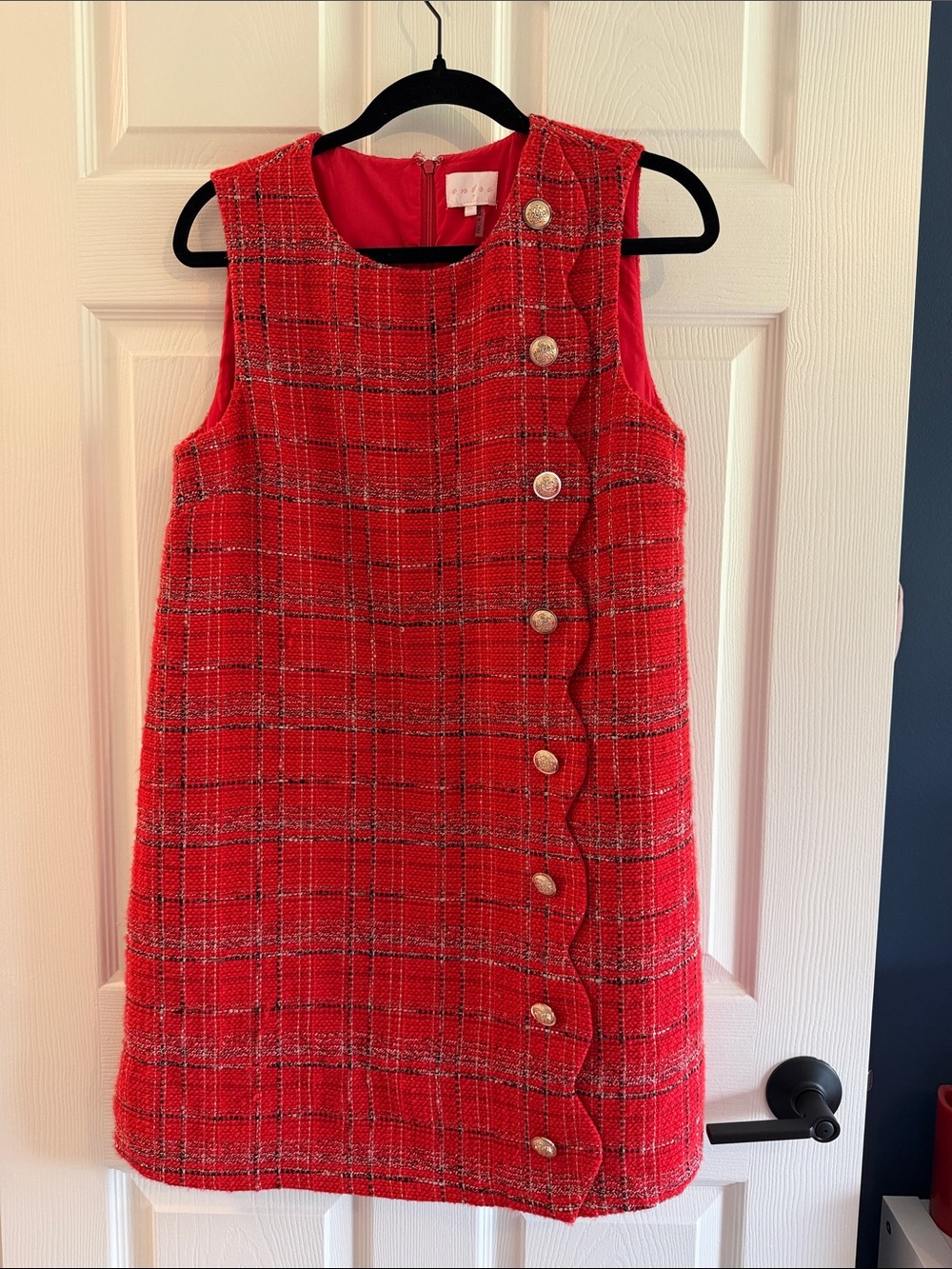 entro Red Plaid Tweed Sleeveless Dress with Decorative Buttons